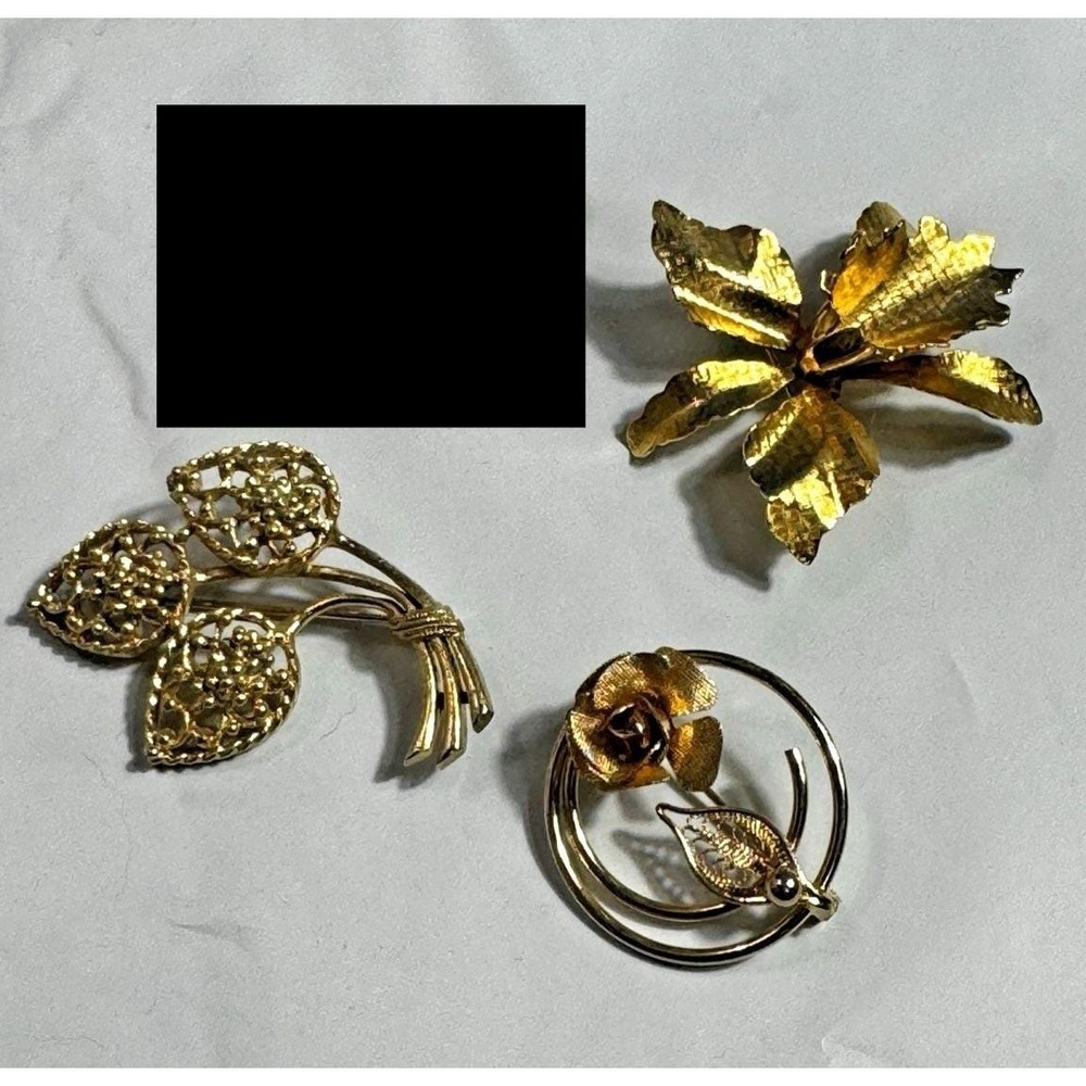 Vintage Gold Tone Floral Brooch Lot 3pc Orchid Rose Filigree Flower Pins